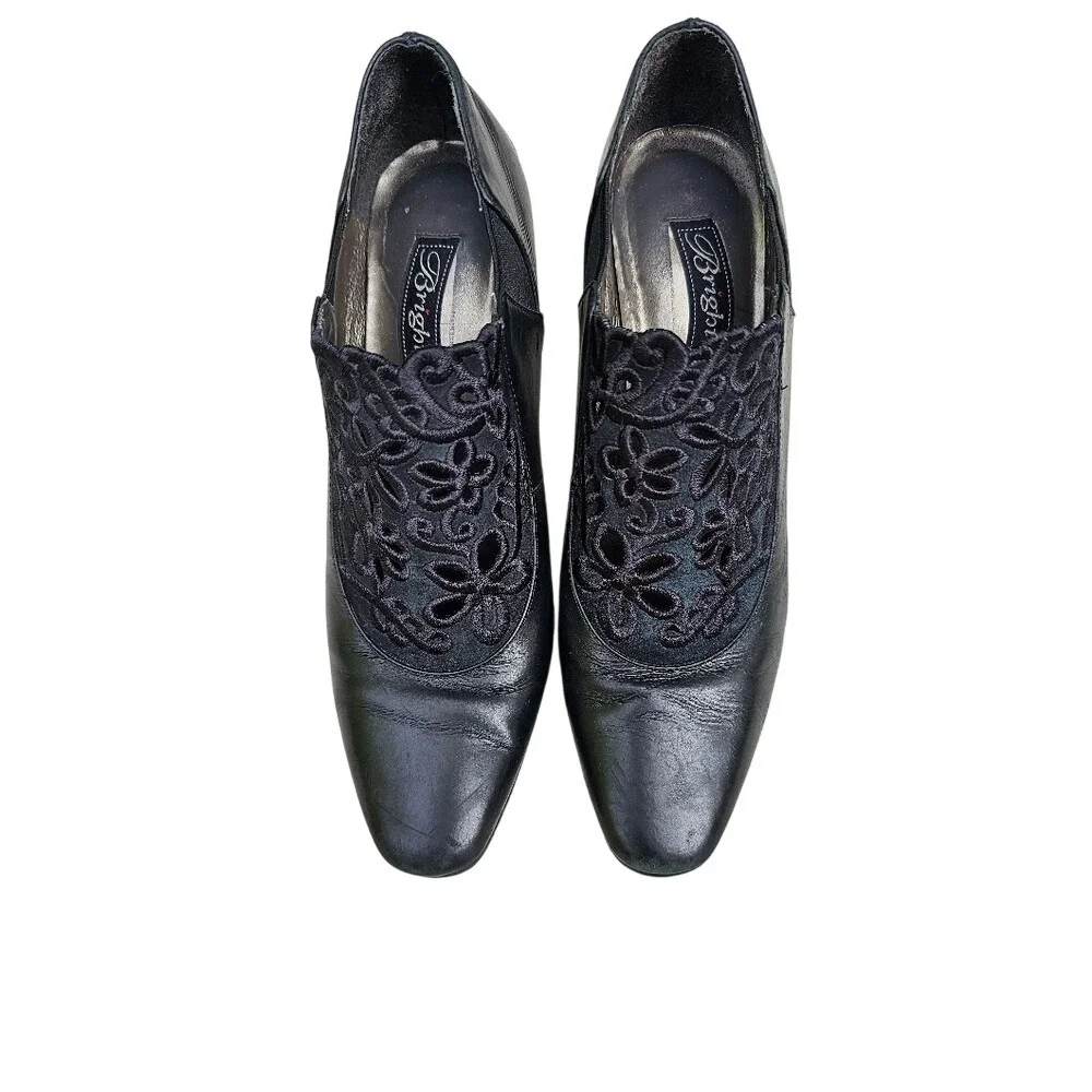 Brighton Black Leather Heeled Shoes with Lace Detail Silver Embellished 7.5 Med - Picture 3 of 11